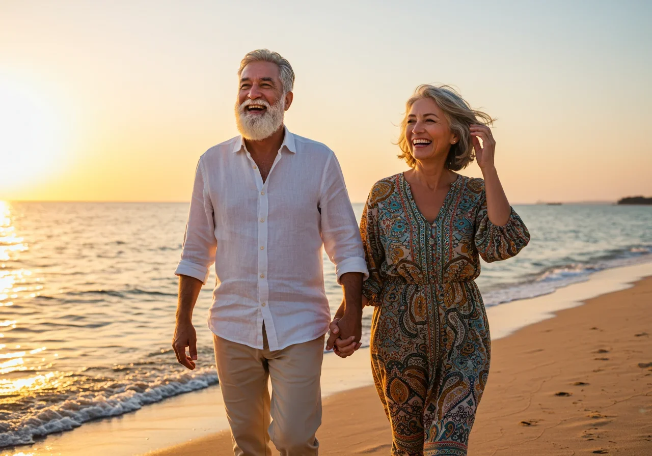 Smiling couple in their 70s strolling along a quiet beach at sunset—carefree and confident.
