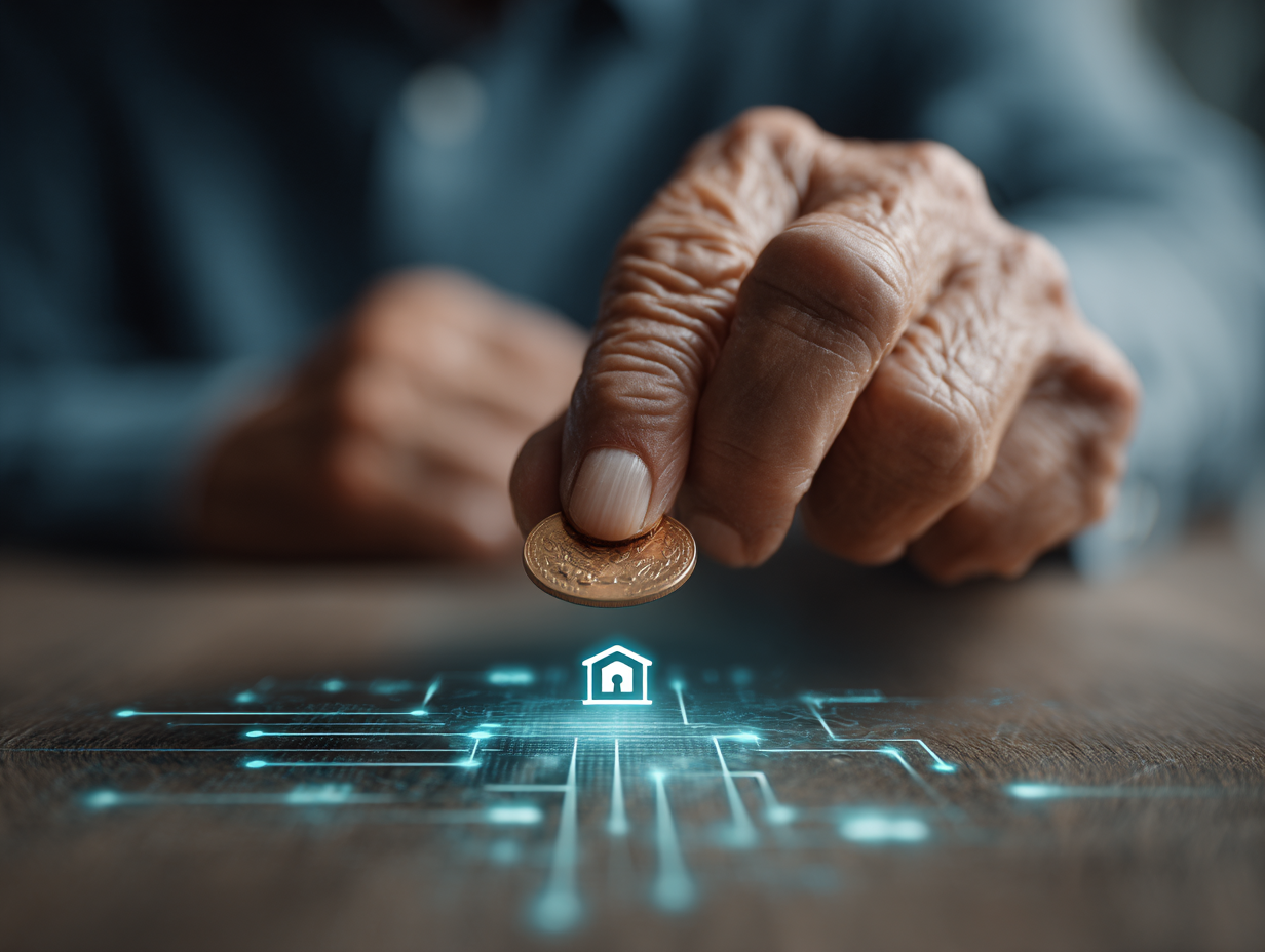 Close-up of a senior's hand placing a gold coin onto a digital home icon, symbolizing secure retirement investment